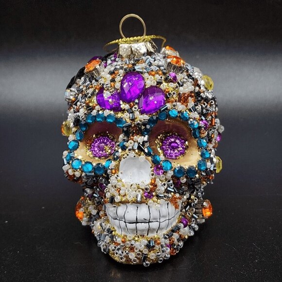 Sugar Skull Ornament Pier 1 Rhinestone Beaded Sequins Retired Halloween Gold v2 - Picture 3 of 10
